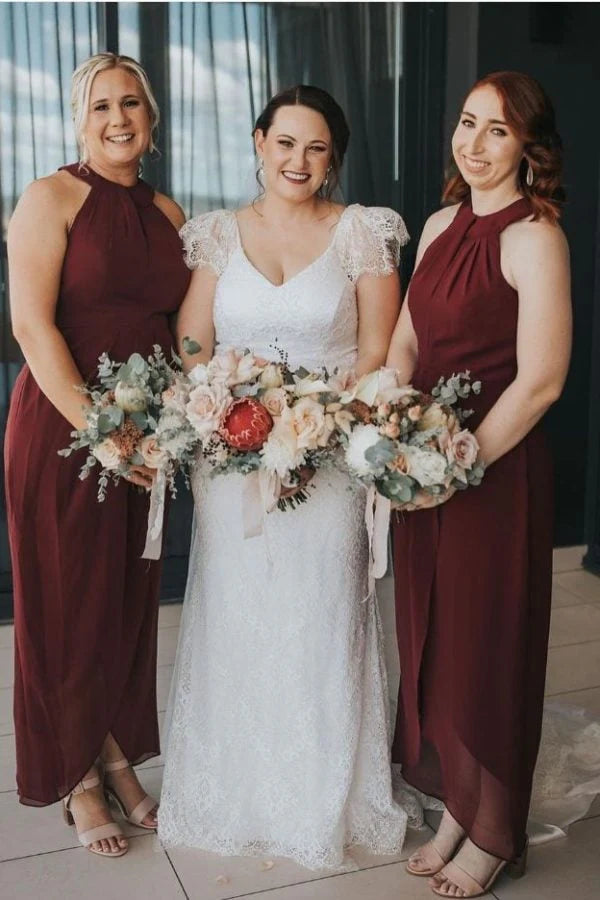 Robes de soirée pour femmes/Robe de demoiselle d'honneur mi-longue noire en mousseline à col montant